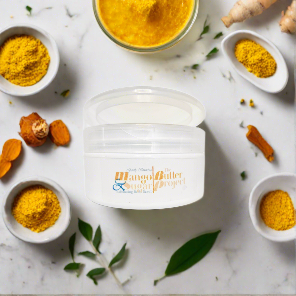 Clarifying Turmeric Mango Butter & Sugar Scrub combine turmeric powder and mango butter for exfoliation that brightens skin