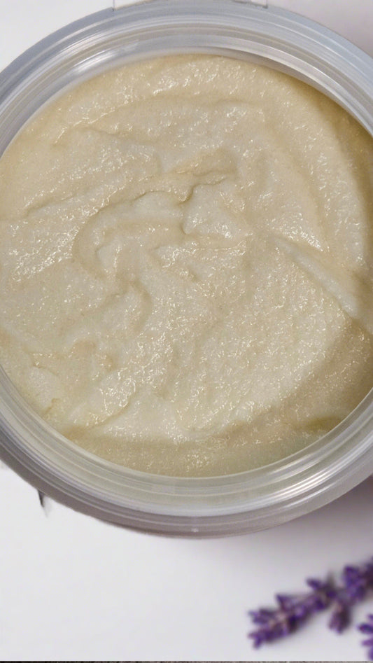 Lavender Mango Butter Sugar Scrub has a smooth textue that doesn't irritate sensitive skin.
