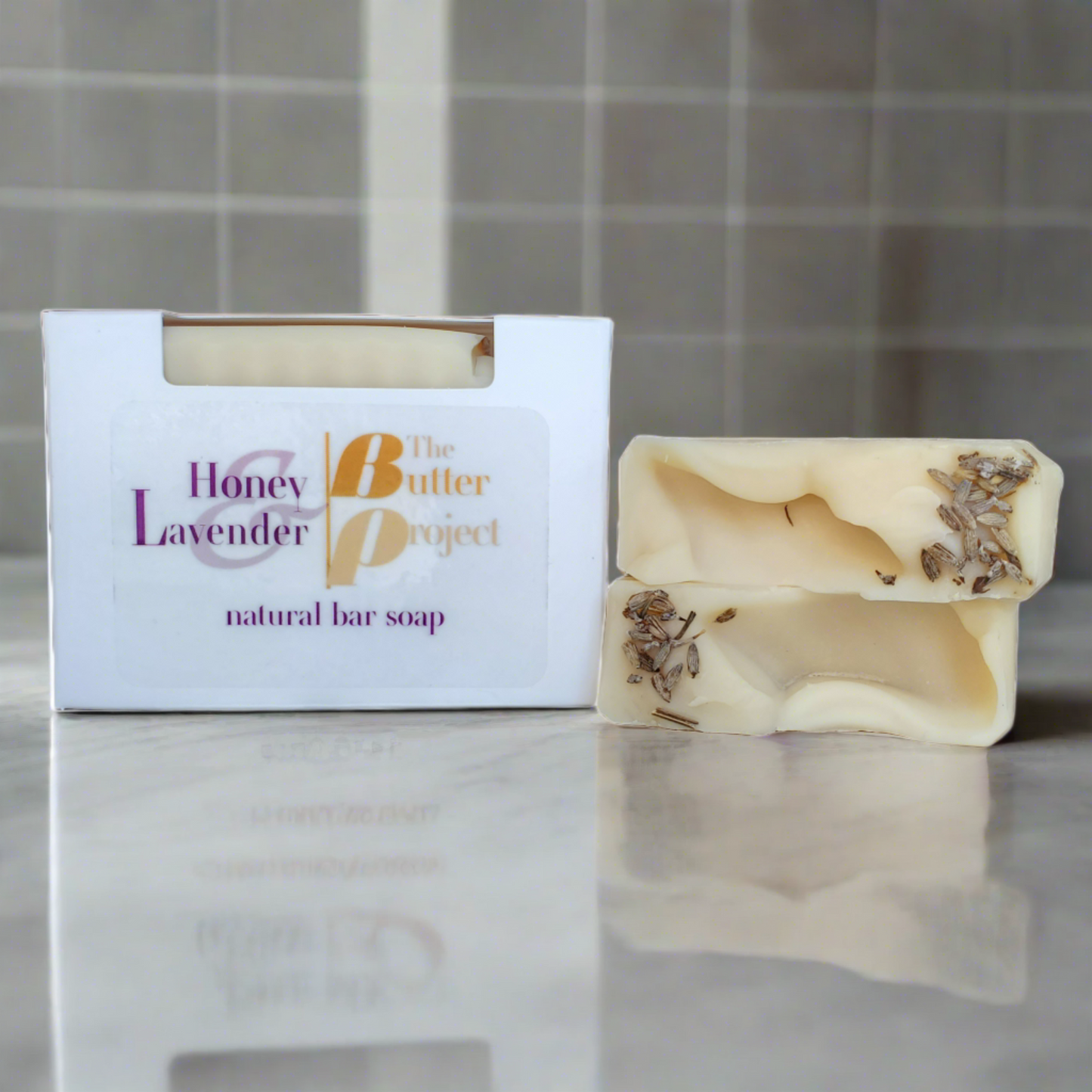 Handmade Honey & Lavender Natural Bar Soap with calming aromatherapy benefits.