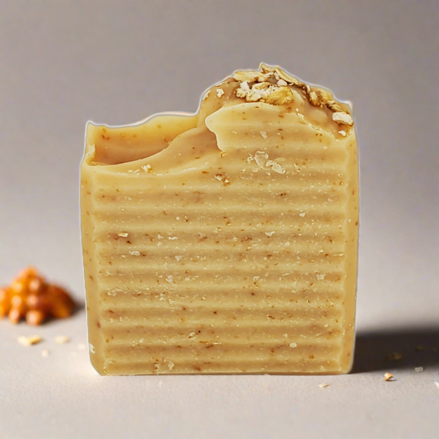 Oat & Honey Natural Bar Soap topped with natural rolled oats