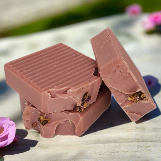 Rose kaolin clay in this natural bar soap absorbs oil without drying skin