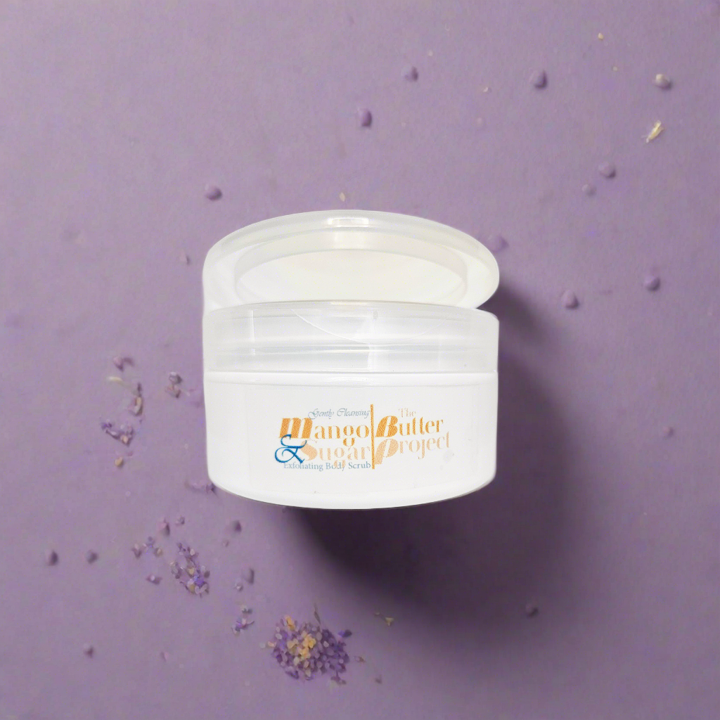Image of open white flip-top jar of Mango & Sugar Exfoliating Body Scrub - Honey Lavender