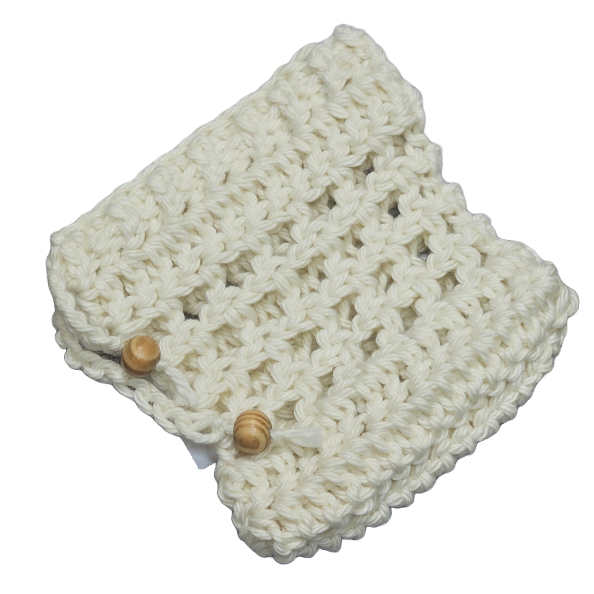 off white hand crochet cotton soap bag with decorative wood beads