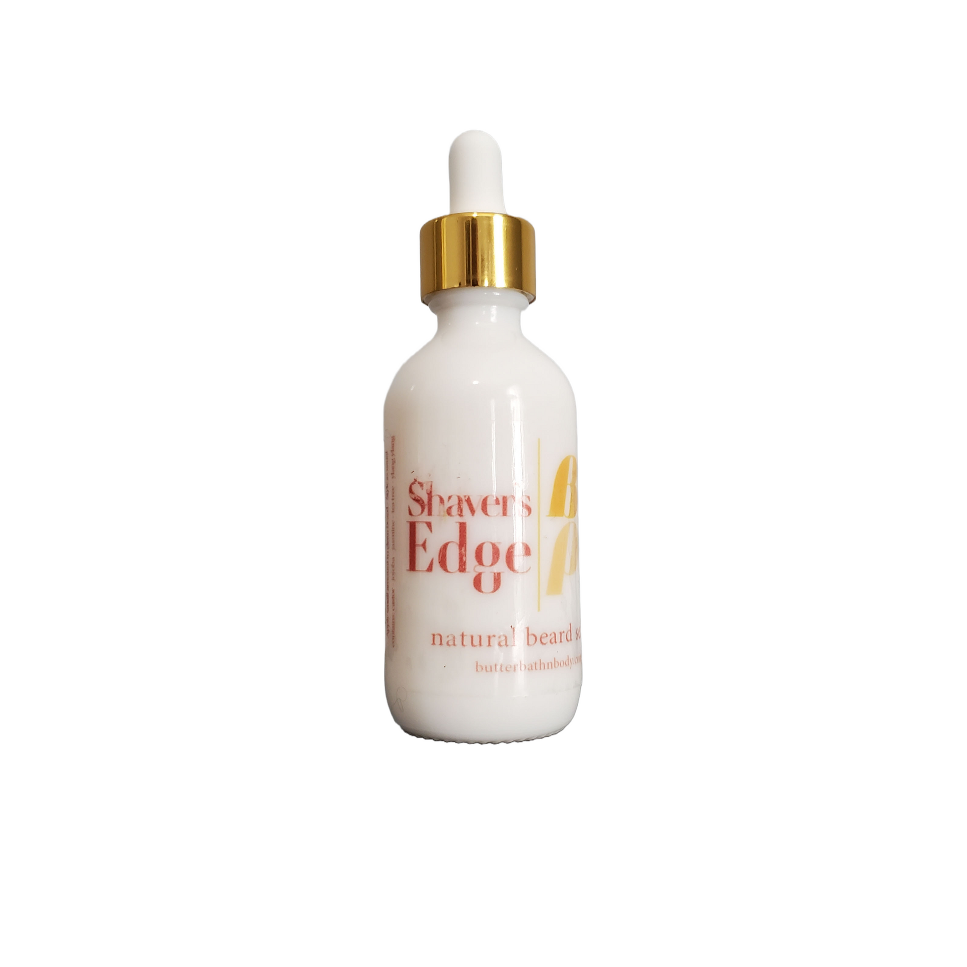 Image of Shaver's Edge Natural Beard Serum in a closed small white glass bottle with a white bulb dropper and gold band.